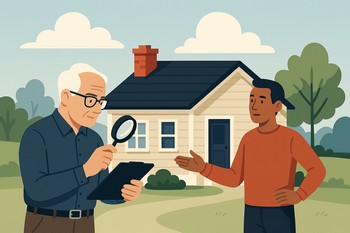 A real estate agent and appraiser inspecting a house for proof that the house meets the USDA approved location eligibilty 