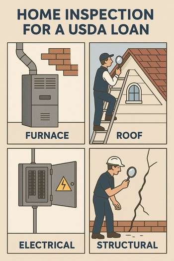 Home inspector examining a house for compliance with USDA loan requirements during a property inspection.