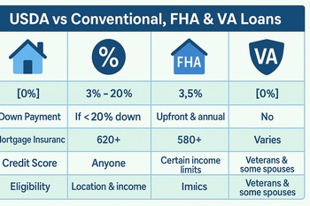 Chart comparing USDA, FHA, and VA loans, detailing eligibility, benefits, and key differences for homebuyers.