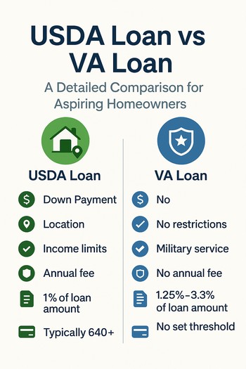 Infographic detailing the features of USDA loans compared to VA loans for military and rural homebuyers.